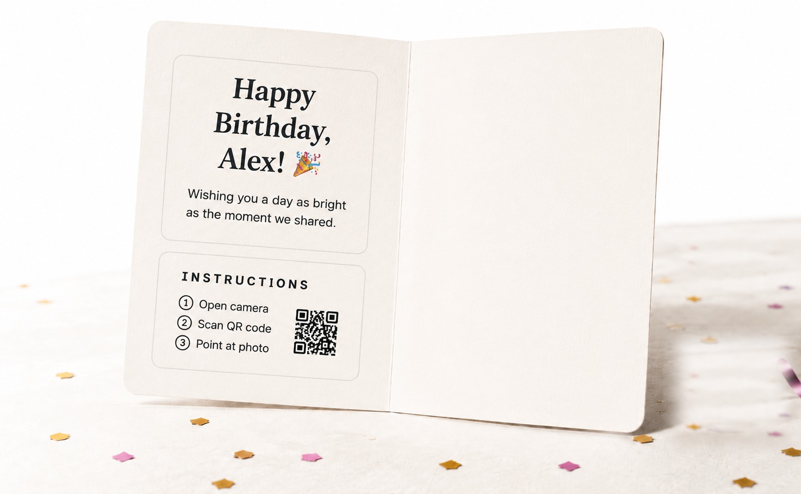 Personalised VirAR birthday postcard standing on a festive table